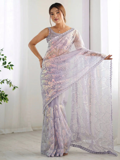 Precious Lavender Sequins Net Event Wear Saree With Blouse